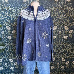 Vintage 90s Zip Up Fair Isle Nordic Snowflake Cotton & Ramie Cardigan